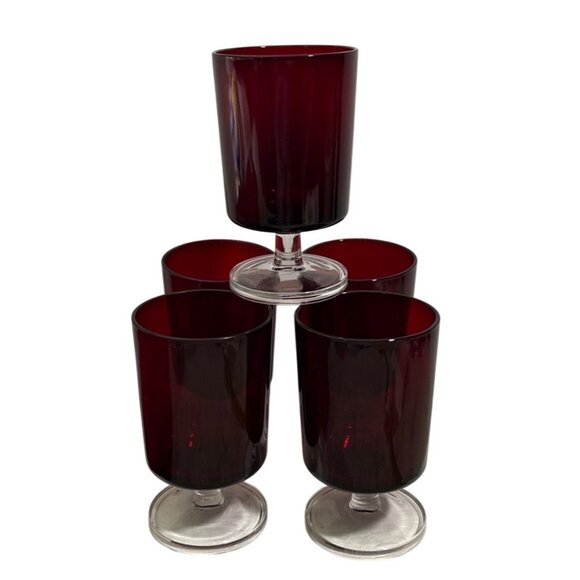 Set Of 5 Vintage Ruby Red Wine Glasses With Clear Pedestal Base - Picture 1 of 8